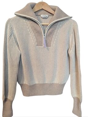 &ISLA Verity Plaited Quarter-Zip Ribbed Sweater in Cream and Tan